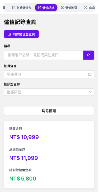 顧客儲值紀錄功能畫面